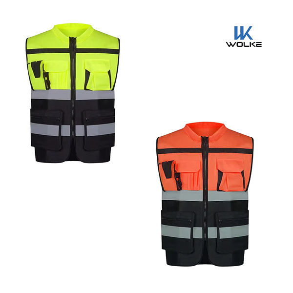 Custom Multiple Pockets Hi Vis Reflective Adult Polyester Safety Vest with Zipper