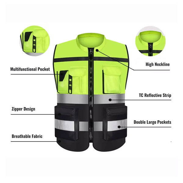 Custom Breathable Lime Yellow and Orange Hi-Vis Reflective Safety Workwear With Four Pockets and Zip