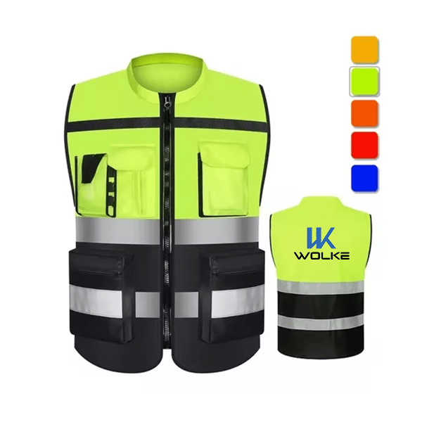 Custom Breathable Lime Yellow and Orange Hi-Vis Reflective Safety Workwear With Four Pockets and Zip