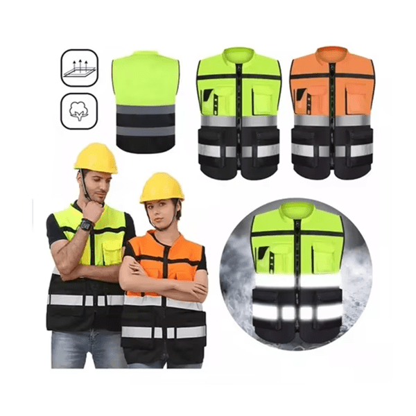 Custom Breathable Lime Yellow and Orange Hi-Vis Reflective Safety Workwear With Four Pockets and Zip