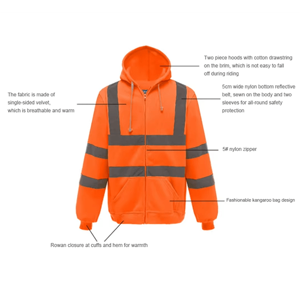 280G 100% Polyester Single-sided Velvet Hi-vis Reflective Zippered Hooded Sweatshirt
