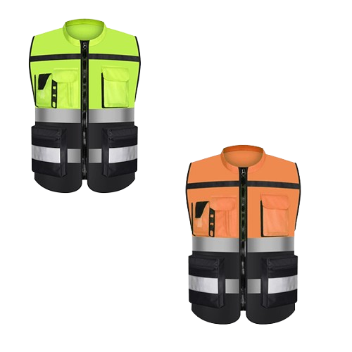 Custom Breathable Lime Yellow and Orange Hi-Vis Reflective Safety Workwear With Four Pockets and Zip