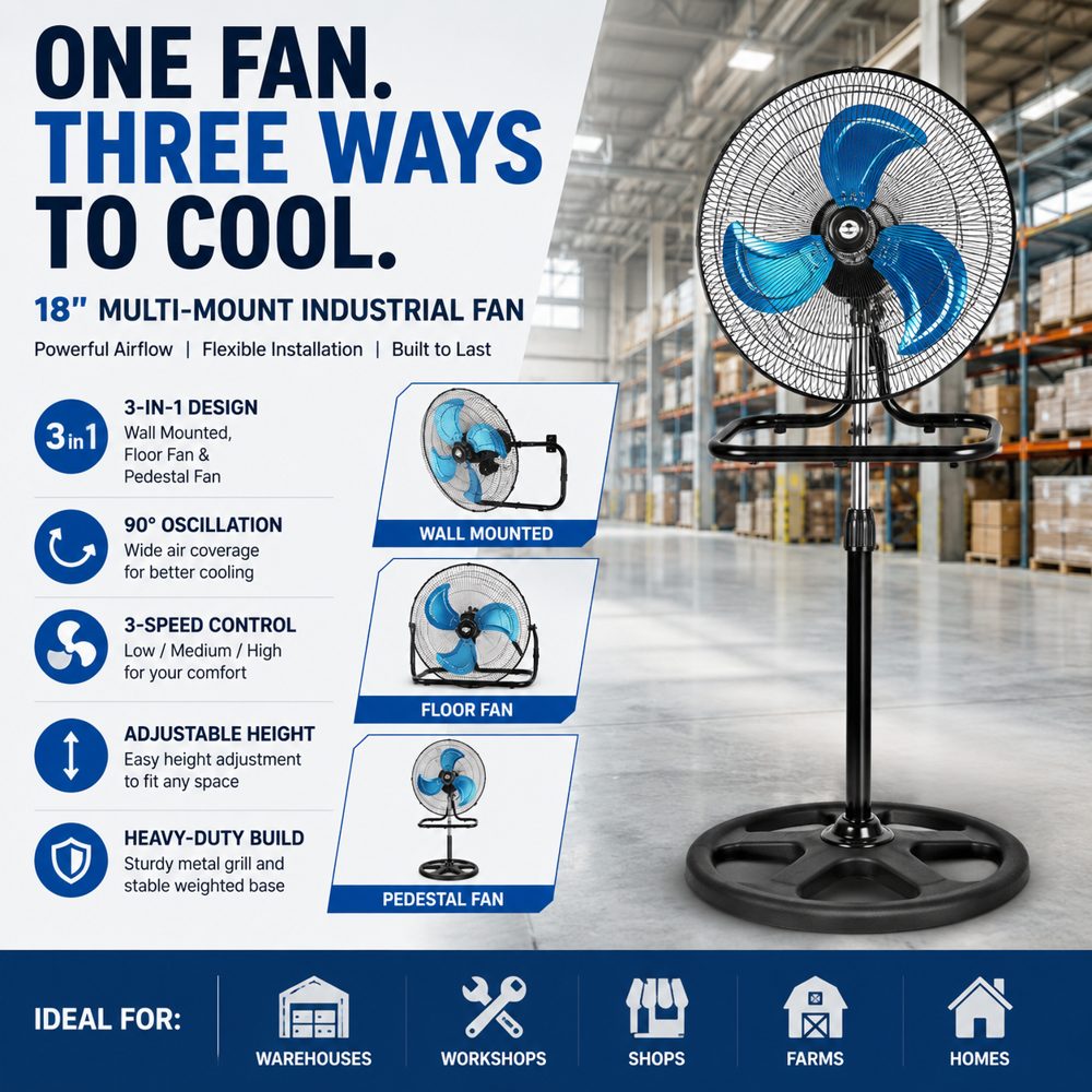 18 Inch 3-in-1 Industrial Stand Fan Multi-Mount Fan Floor Fan Wall  Fan 