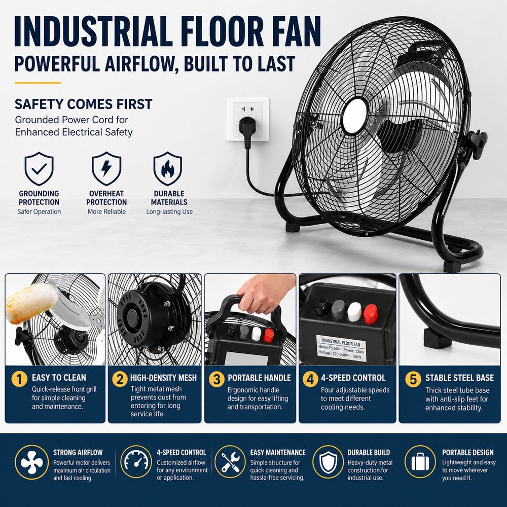 Industrial Floor Fan  Heavy Duty Portable High Velocity Cooling for Warehouse Workshop Garage