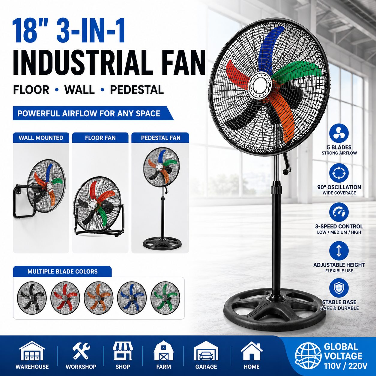 18 Inch Stand Fan Multi-Purpose Cooling Fan  Wall Fan  Floor & Pedestal Installation