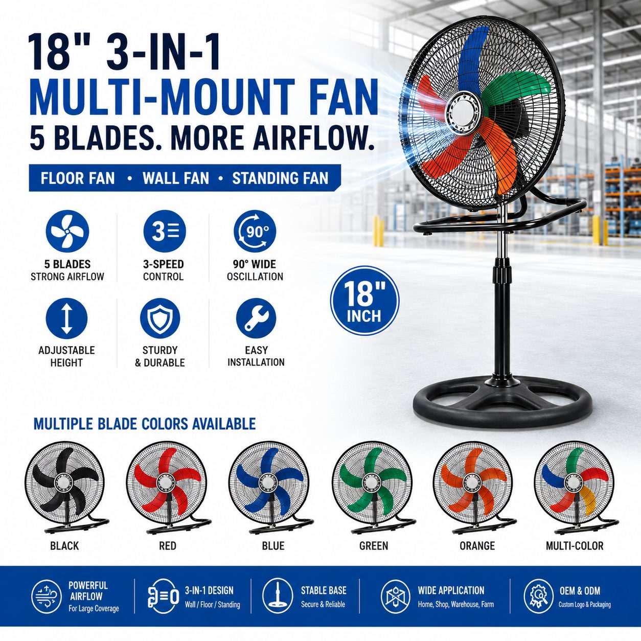18 Inch Stand Fan Multi-Purpose Cooling Fan  Wall Fan  Floor & Pedestal Installation